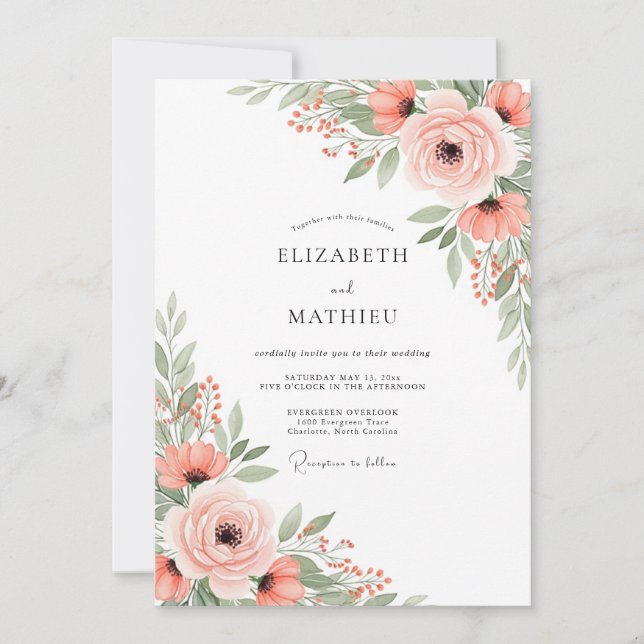 Invitación Boda de primavera botánica aireada de melocotón (Anverso)