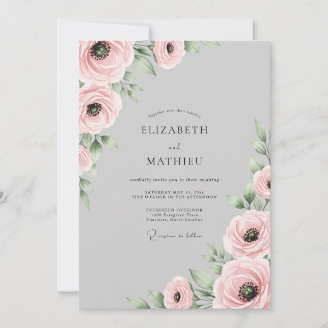 Invitación Boda de primavera botánica suave gris paloma (Anverso)