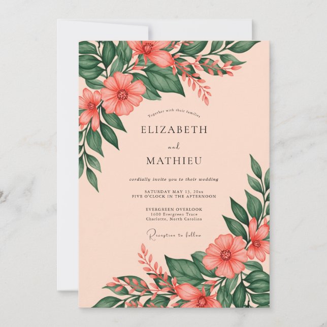 Invitación Boda de primavera botánica vibrante de melocotón (Anverso)