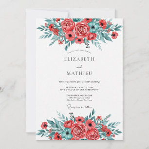 Invitación Boda de primavera brillante en rojo y turquesa