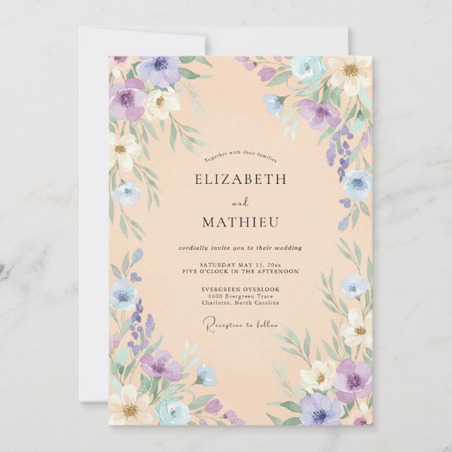 Invitación Boda de primavera con acuarela de melocotón y lava (Anverso)