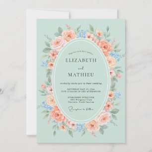 Invitación Boda de primavera con acuarela de melocotón y ment
