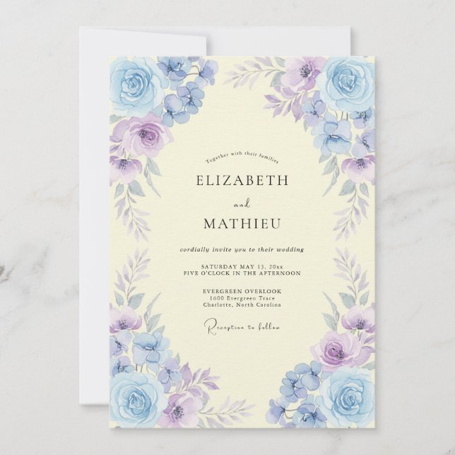 Invitación Boda de primavera con acuarela luminosa de lavanda (Anverso)