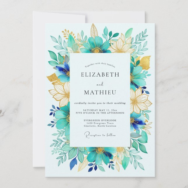 Invitación Boda de primavera con acuarela radiante turquesa (Anverso)