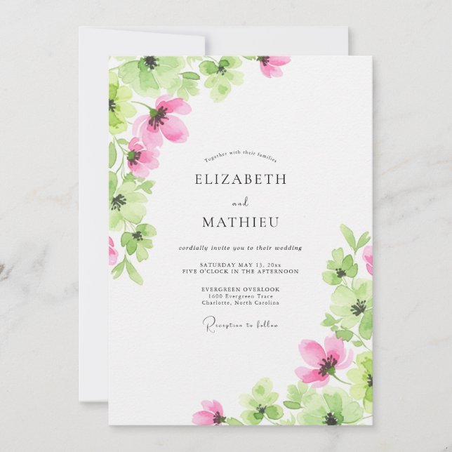 Invitación Boda de primavera con acuarela rosa (Anverso)