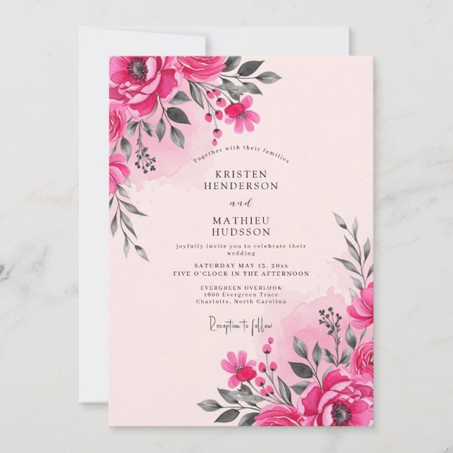 Invitación Boda de primavera con acuarela rosa caliente (Anverso)