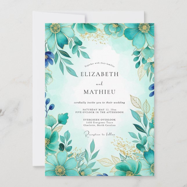 Invitación Boda de primavera con brillo turquesa (Anverso)