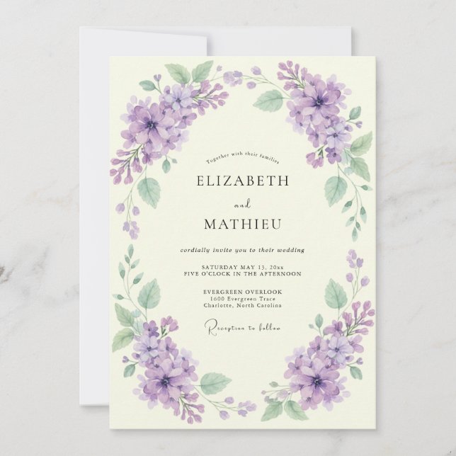 Invitación Boda de primavera con corona de lilas (Anverso)