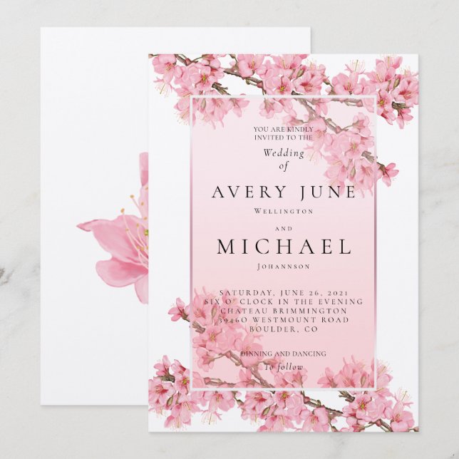 Invitación Boda de primavera con flor de cerezo floral rosa (Anverso / Reverso)