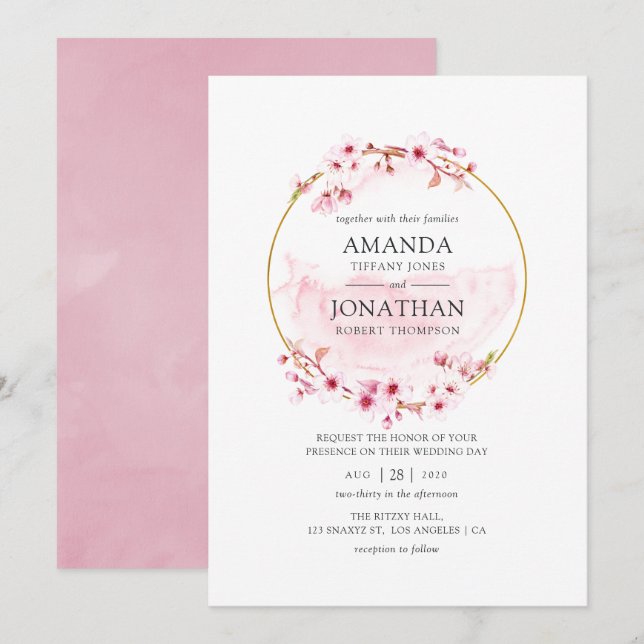 Invitación Boda de primavera con flor de cerezo rosa geométri (Anverso / Reverso)