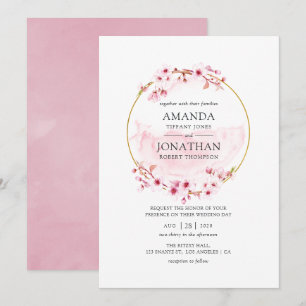 Invitación Boda de primavera con flor de cerezo rosa geométri