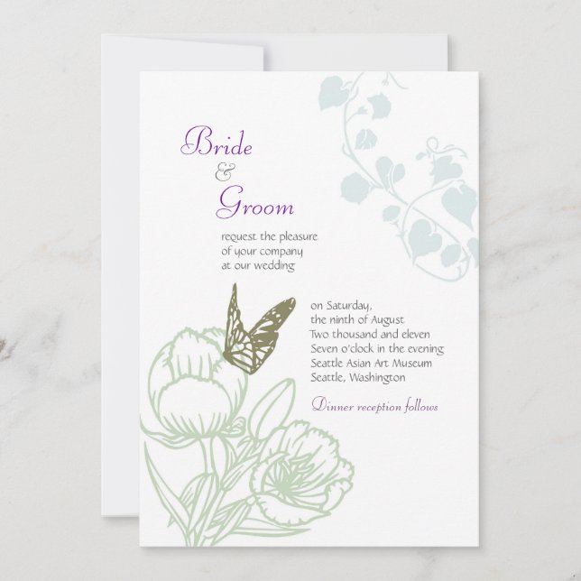 Invitación Boda de primavera con flora y mariposa ilustrada (Anverso)