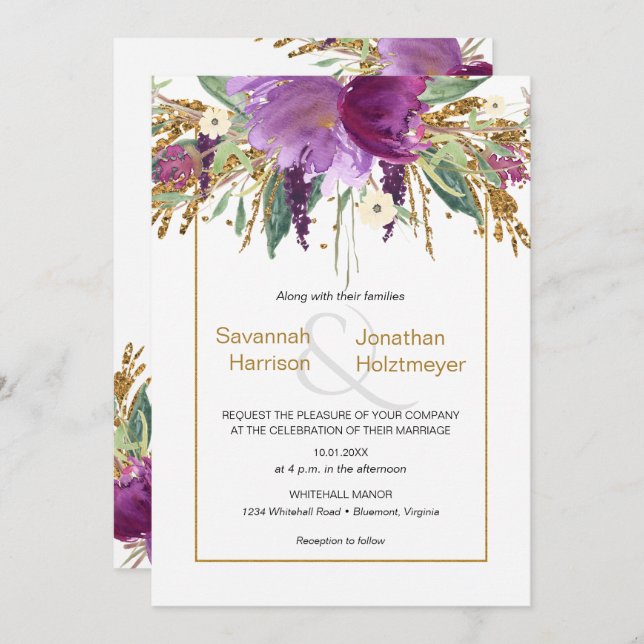 Invitación Boda de primavera con flores de amatista púrpura y (Anverso / Reverso)