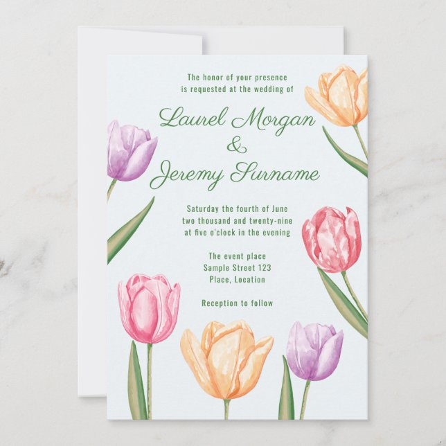 Invitación Boda de primavera con flores de tulipán pastel al  (Anverso)
