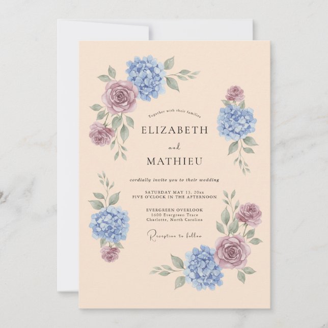 Invitación Boda de Primavera con Hortensias Refinadas en Melo (Anverso)