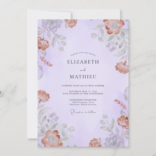 Invitación Boda de primavera con lavanda y melocotón silencia (Anverso)