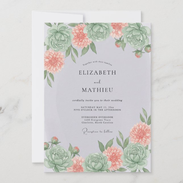 Invitación Boda de primavera con melocotón verde menta pulido (Anverso)