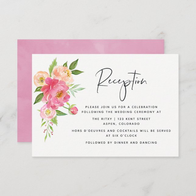 Invitación Boda de primavera con peonías en acuarela Recepció (Anverso / Reverso)