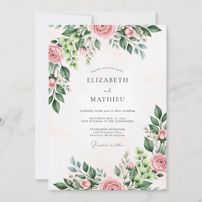Invitación Boda de primavera con rosa acuarela rosa (Anverso)