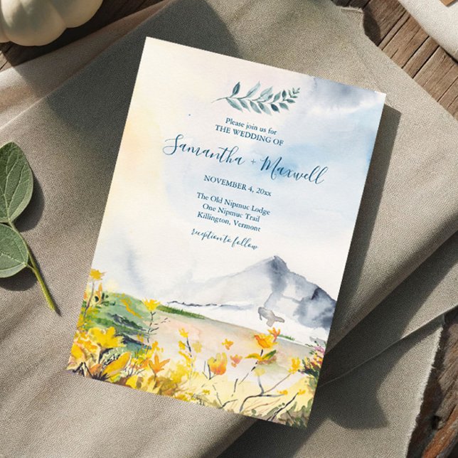 Invitación Boda de primavera de acuarela rusa (Mountain wedding invitations features original watercolor art by Victoria Grigaliunas)