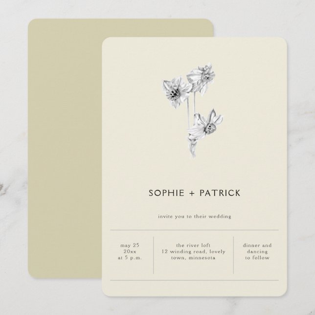 Invitación Boda de primavera de narcisos minimalistas moderno (Anverso / Reverso)