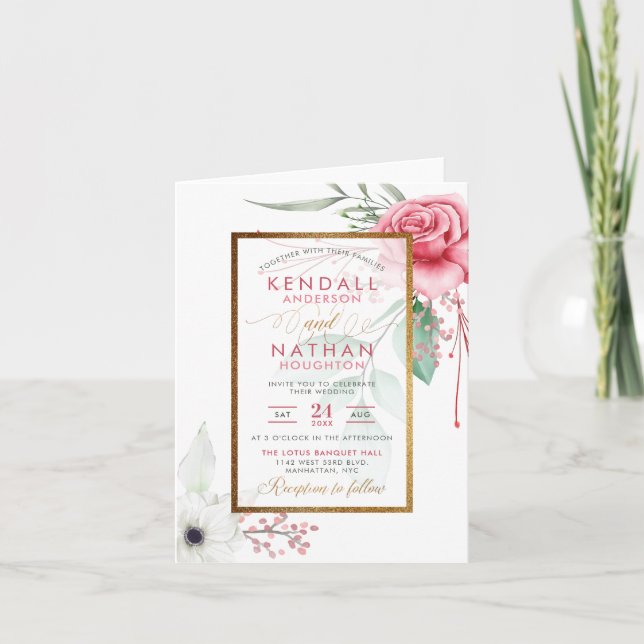 Invitación Boda de primavera de Rosas de acuarela Glam Fuchsi (Anverso)