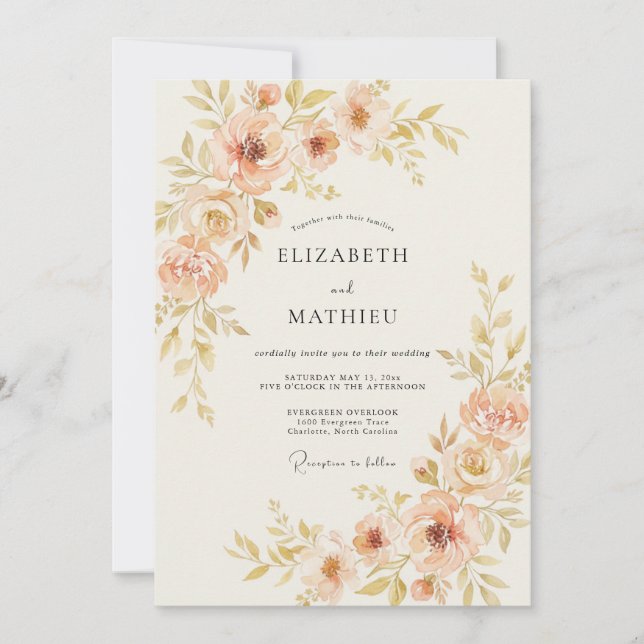 Invitación Boda de primavera delicada botánica de melocotón (Anverso)