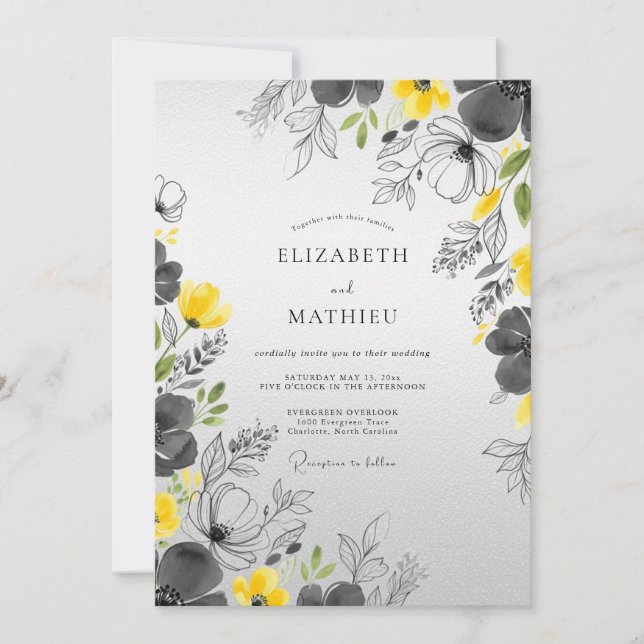 Invitación Boda de primavera elegante con carbón amarillo (Anverso)
