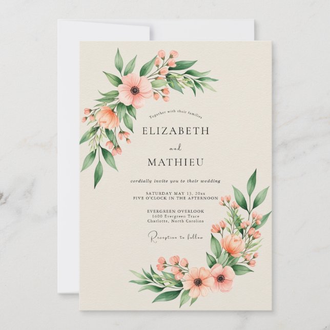 Invitación Boda de primavera elegante con melocotón (Anverso)