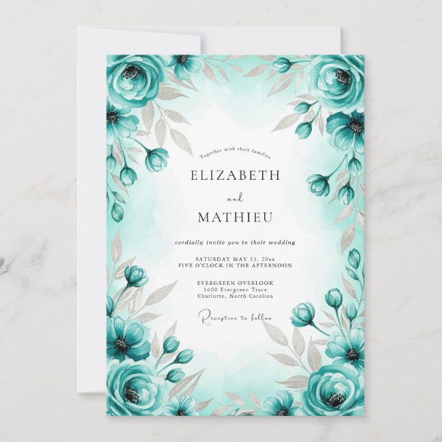 Invitación Boda de primavera elegante y turquesa (Anverso)
