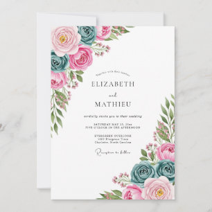 Invitación Boda de primavera en acuarela rosa y turquesa