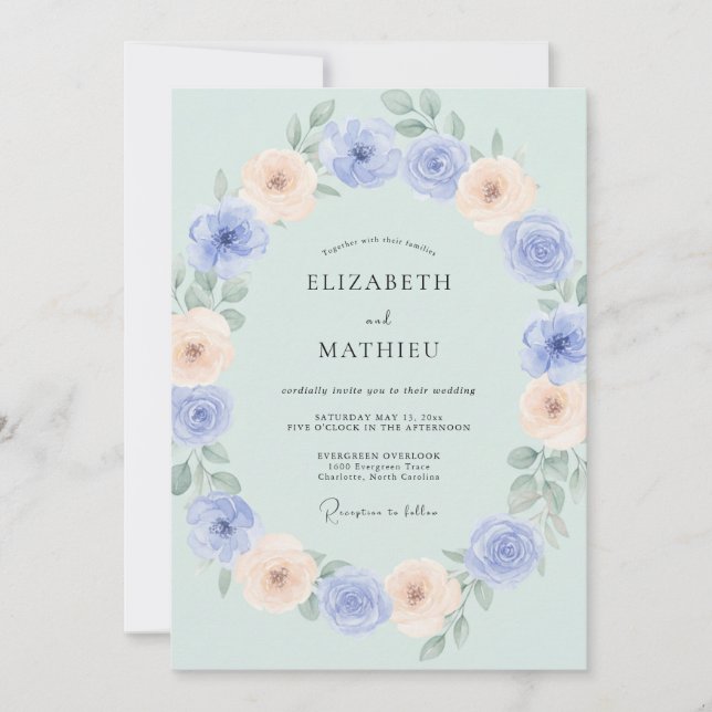 Invitación Boda de primavera en acuarela verde menta (Anverso)