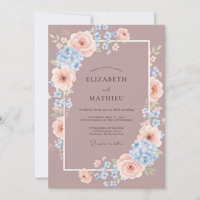 Invitación Boda de primavera en tonos malvas y serenos (Anverso)
