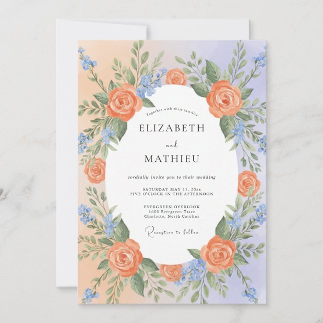 Invitación Boda de primavera exuberante azul melocotón (Anverso)