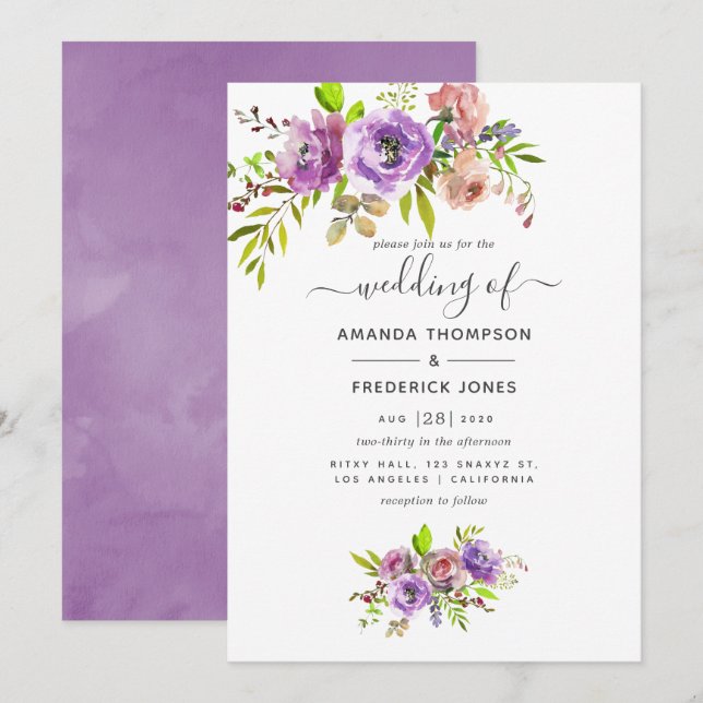 Invitación Boda de primavera floral acuarela (Anverso / Reverso)