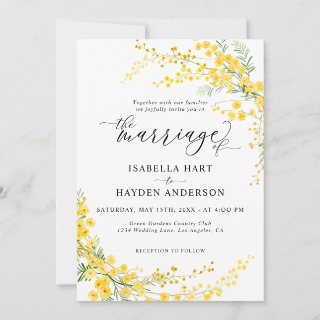 Invitación Boda de Primavera Floral Amarillo Mimosa Silver Wa (Anverso)