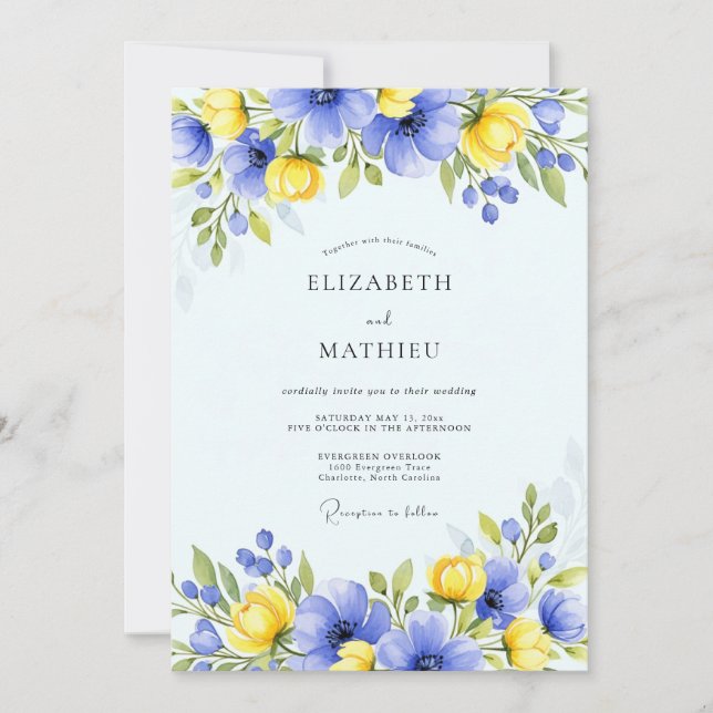 Invitación Boda de primavera floral azul amarillo (Anverso)
