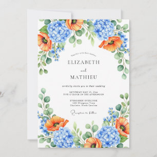 Invitación Boda de primavera floral azul naranja
