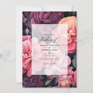 Invitación Boda de primavera floral con negros y rosados suav