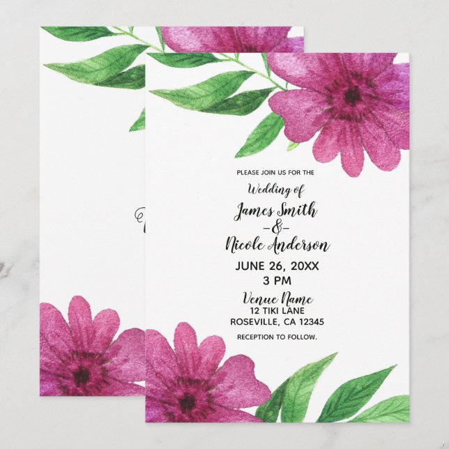 Invitación Boda de primavera floral de flores de acuarela ros (Anverso / Reverso)