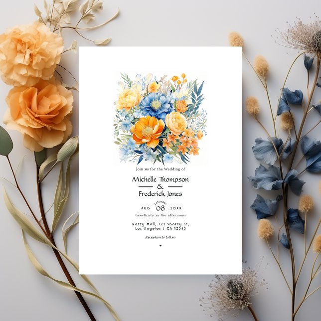 Invitación Boda de primavera floral de Naranja azul y pálido (Subido por el creador)