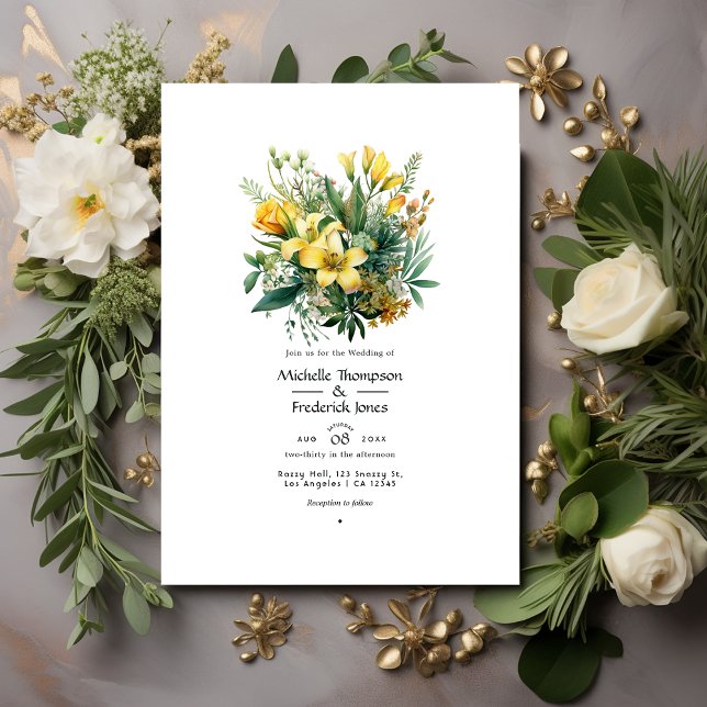 Invitación Boda de primavera floral de sabio, evergreen y oro (Subido por el creador)