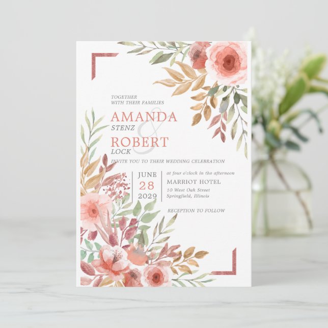 Invitación Boda de primavera floral en acuarela rosa tono mel (Anverso de pie)