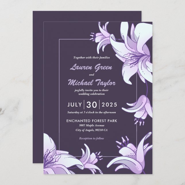 Invitación Boda de Primavera Floral Floral de Pluma Lirio Púr (Anverso / Reverso)