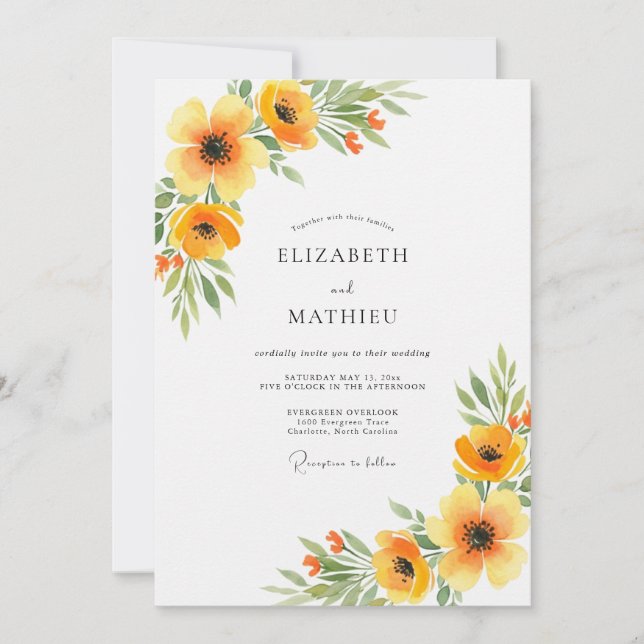 Invitación Boda de primavera floral naranja (Anverso)