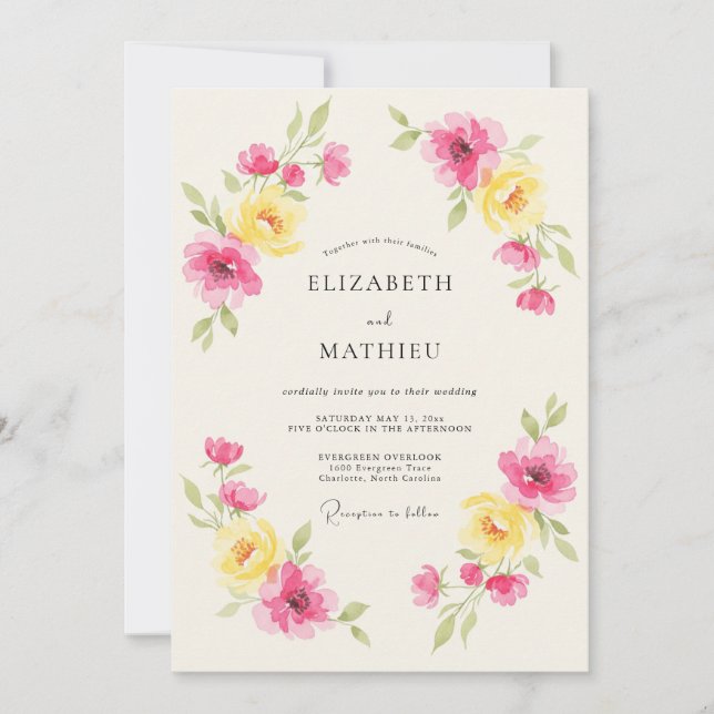 Invitación Boda de primavera floral rosa amarillo (Anverso)