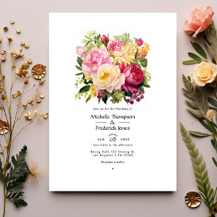 Invitación Boda de primavera floral rosa, verde y dorada