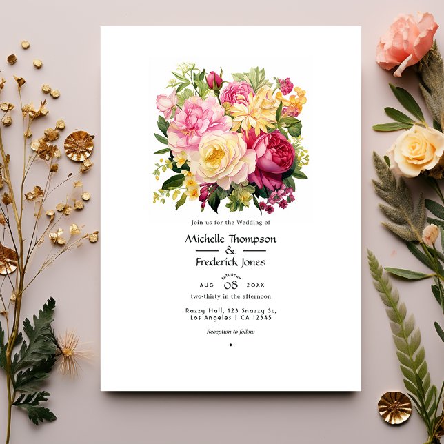 Invitación Boda de primavera floral rosa, verde y dorada (Subido por el creador)