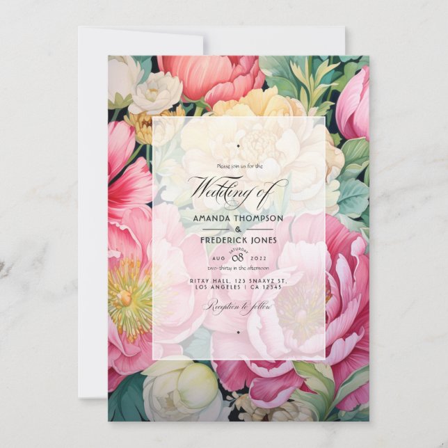 Invitación Boda de primavera floral rosa, verde y dorada (Anverso)