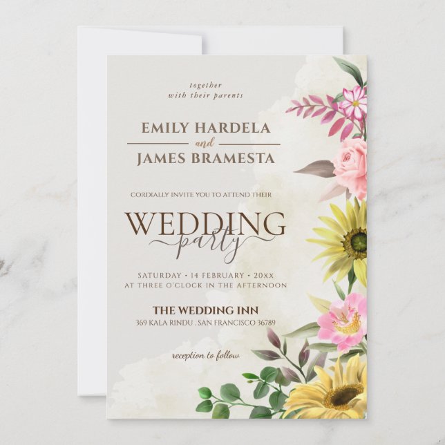 Invitación Boda de primavera floral rosada de girasol (Reverso)